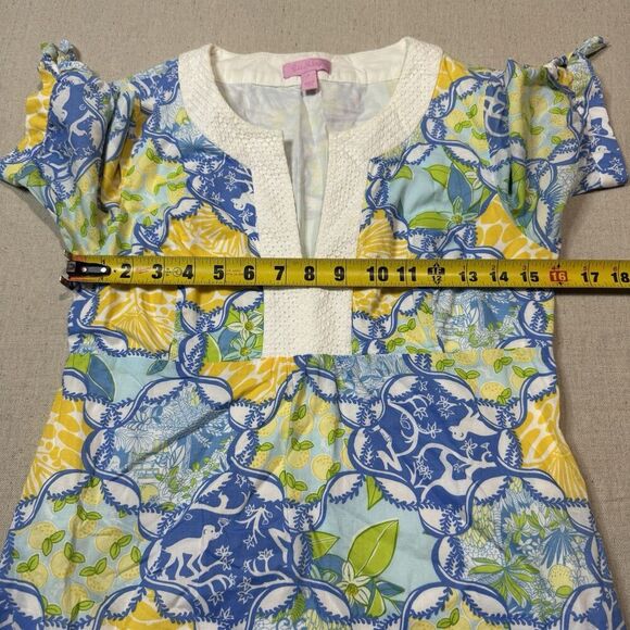 Lilly Pulitzer Andover Dress 4 Blue Yellow Lined Floral Monkey Lemon Pockets - Picture 5 of 9